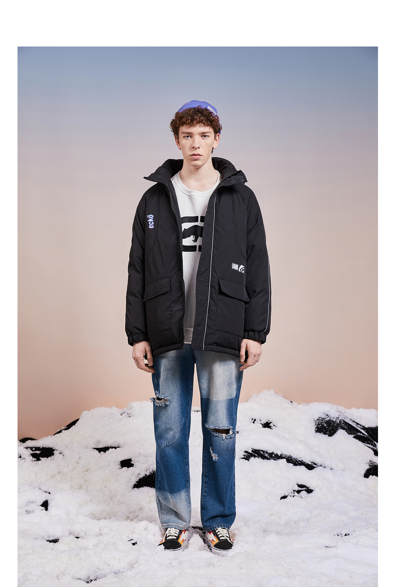 ecko犀牛潮牌2020冬装新款连帽反光条与logo喷绘款白鹅绒羽绒服 黑色