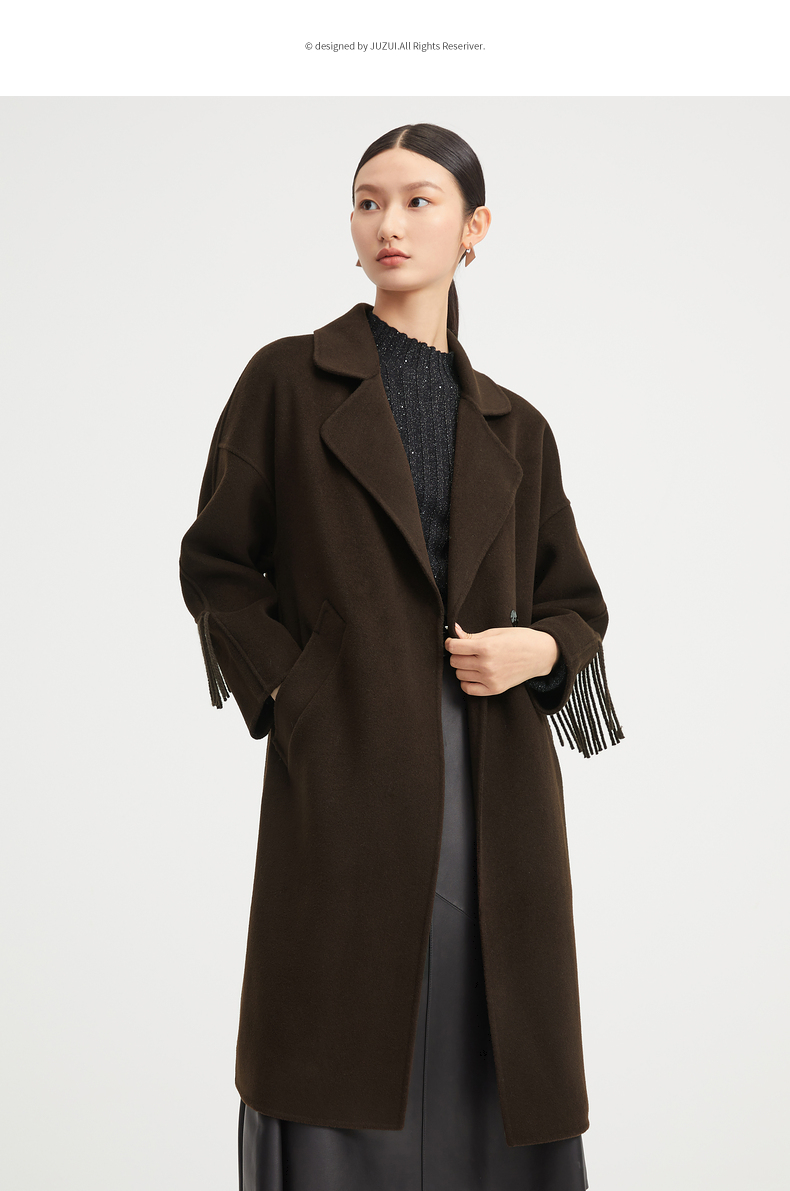 玖姿羊毛巧克力咖色量感廓形流苏双面呢女大衣juzui2021冬季新款深