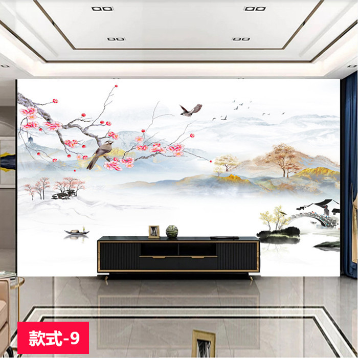 2022新中式水墨电视背景墙壁纸现代简约山水画影视墙纸8d立体墙布定制