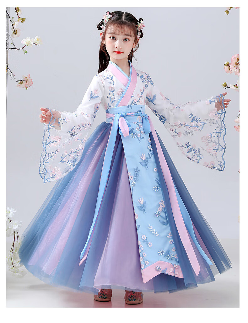 汉服女童冬装襦裙长袖古装秋冬中国风超仙连衣冬季儿童唐装蓝色小孩子