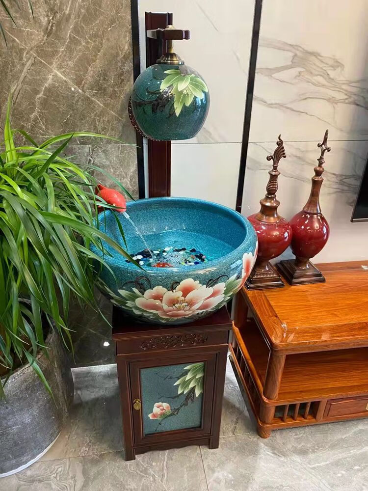 陶瓷柜式玉兰花金鱼鱼缸落地门海缸瓷缸家用玄关客厅景德镇养鱼盆玉兰