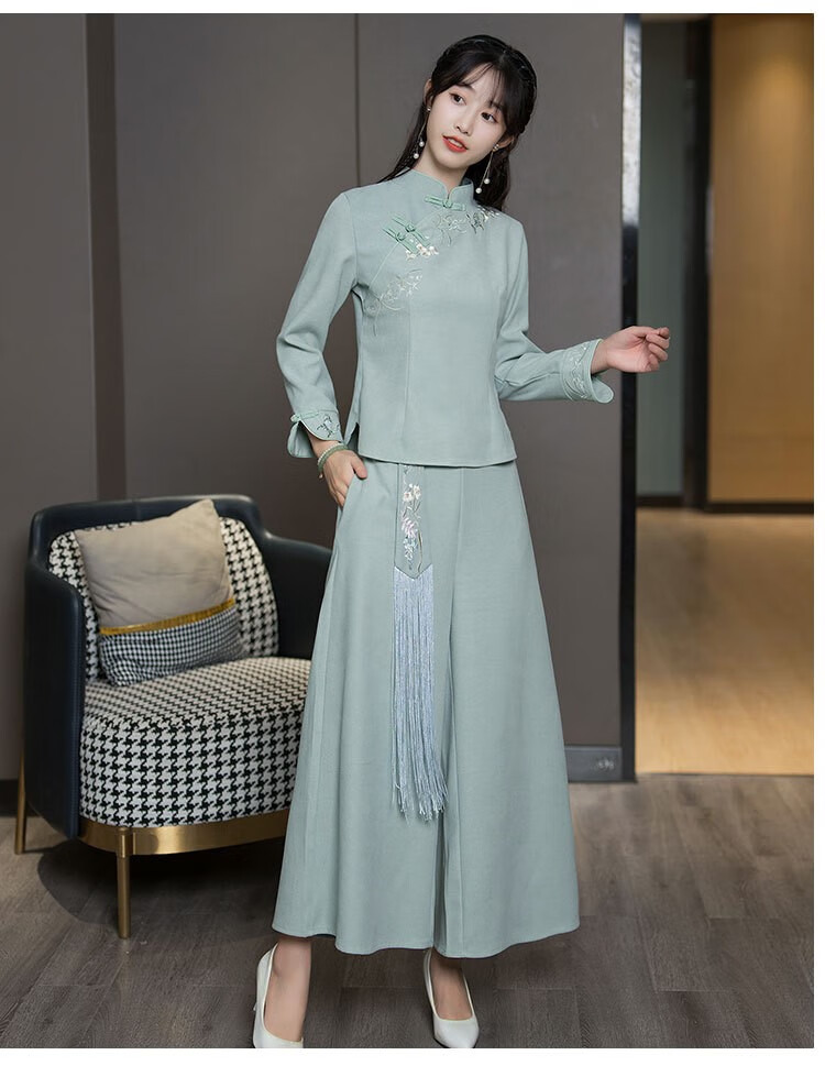 茶艺师服装女装秋装秋冬季中国风唐装汉服女款民国风套装工作服 蓝色