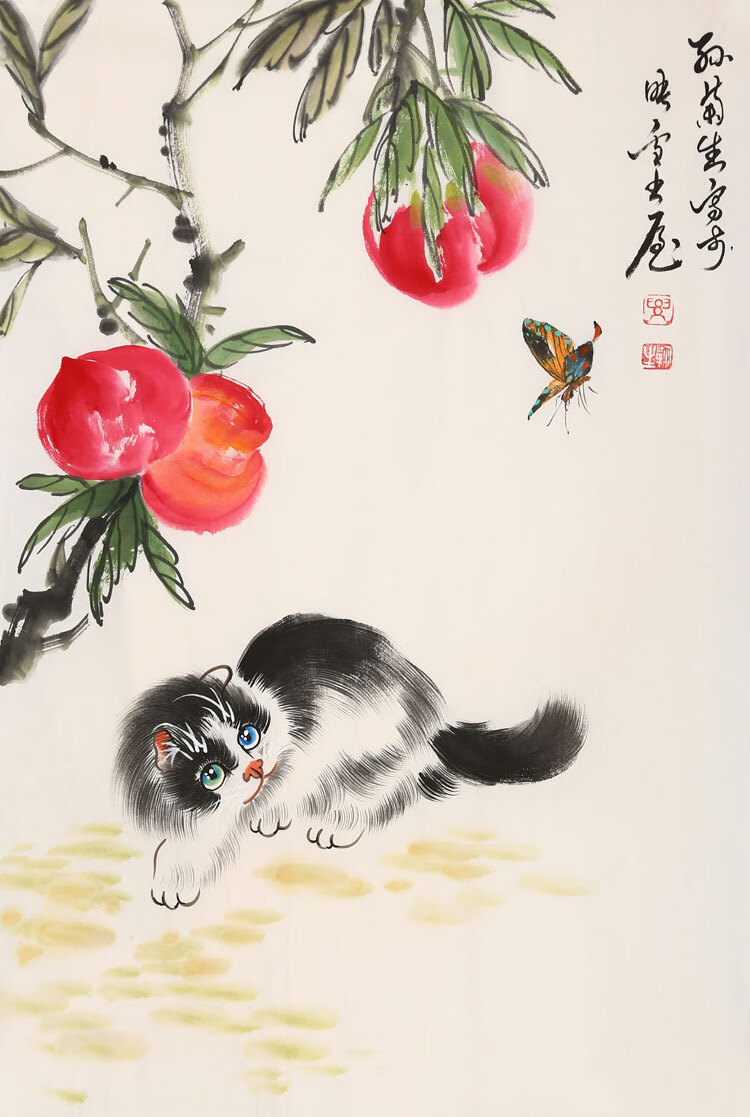 名家孙菊生字画精品二尺动物猫戏图手绘国画写意名人书画作品收藏纯