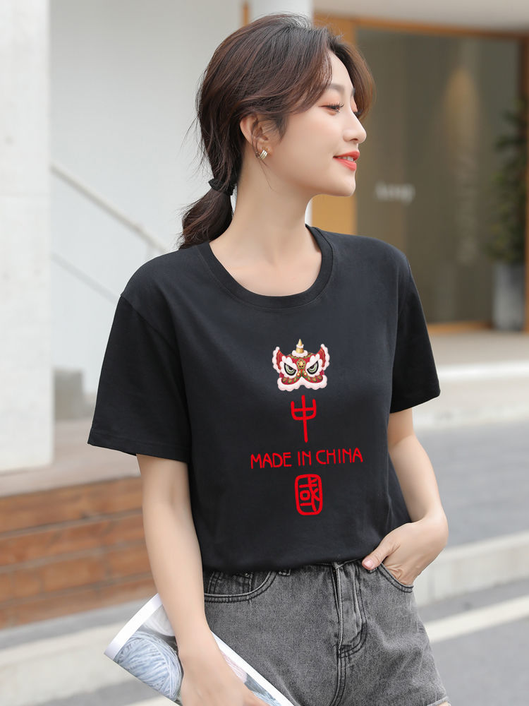 霏斯诗町纯棉短袖t恤女2022新款国潮修身型简约国潮半袖ins学生夏季