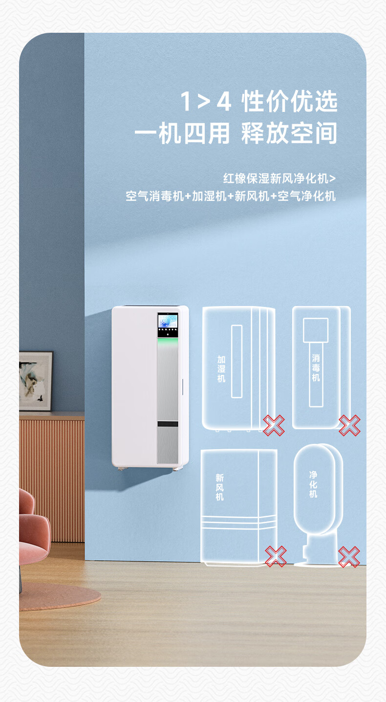 红橡室内气候 红橡保湿新风净化机除甲醛除菌室内正压壁挂单向流加湿