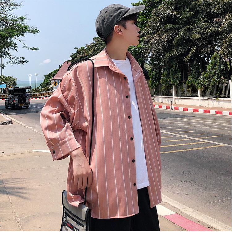 衬衫男oversize条纹七分长袖衬衫衣男加大码潮牌胖子宽松薄休闲复古