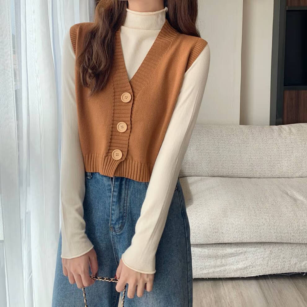 小叠穿短款马褂子毛线衫毛背心外搭坎肩女士女生乐卉黑色马甲单件均码