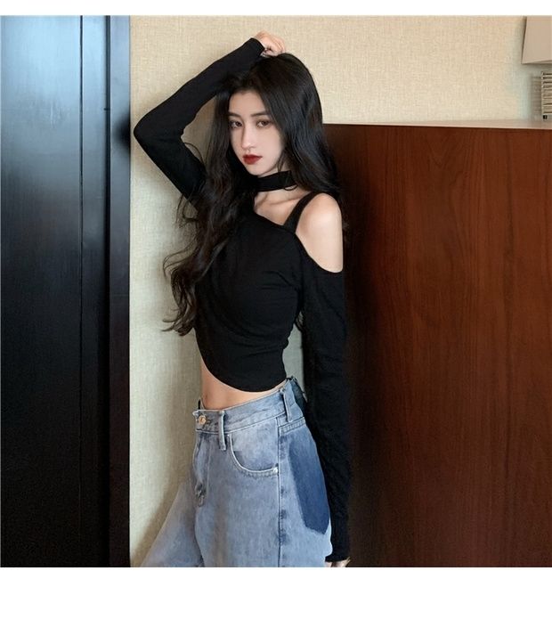 短装t恤女露脐装性感露脐长袖女t恤韩版chic短款黑色上衣女年秋季新款