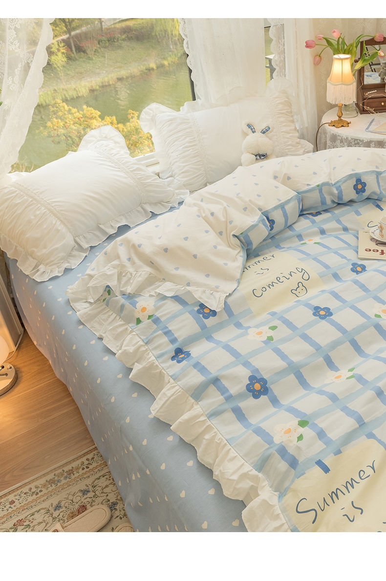 蓝格小花ins纯棉被套单件全棉单双人宿舍春秋被罩郁金香纯棉15床床裙