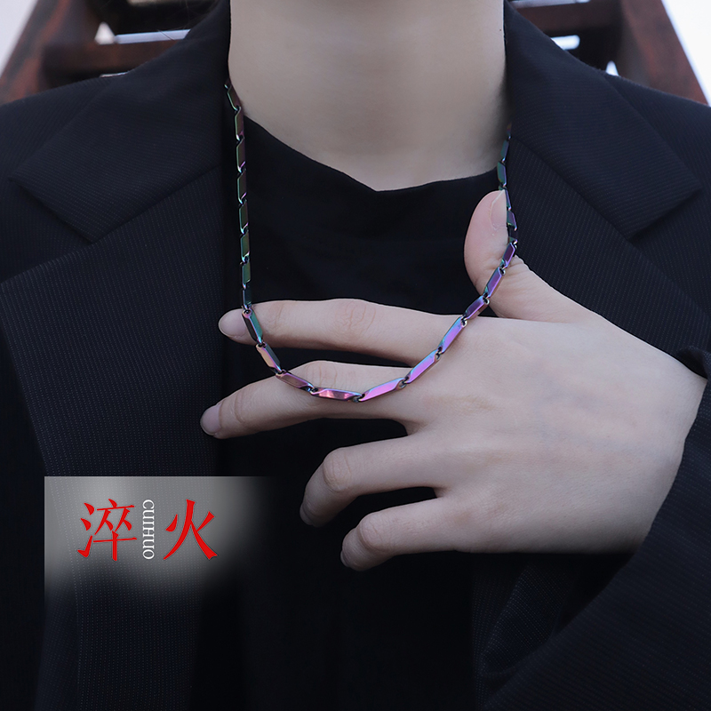 红狮子淬火项链男潮钛钢嘻哈欧美简约小众设计彩色项链男士毛衣链配饰