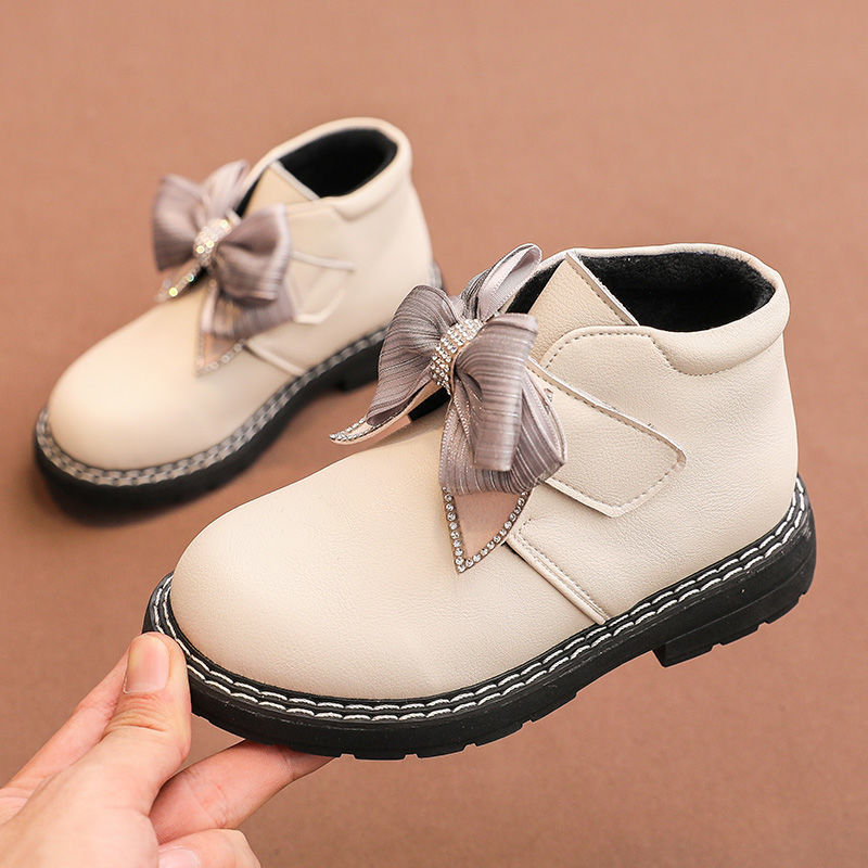 女童棉鞋冬季加绒中大童马丁靴儿童新款磨术贴洋气公主鞋小女孩鞋 米