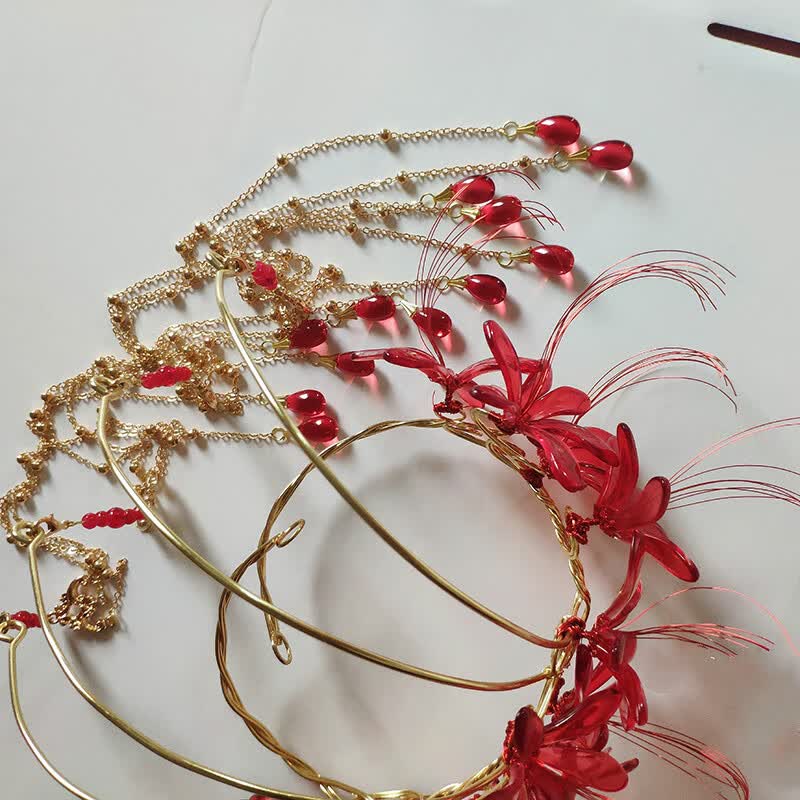 【忘相思】彼岸花发冠发簪汉服配饰红色古风手工发饰 红色【三生】