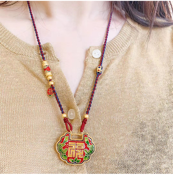 妙灵阁福禄寿项链2021年红绳编织古法黄金烧蓝如意锁吊坠999足金挂绳