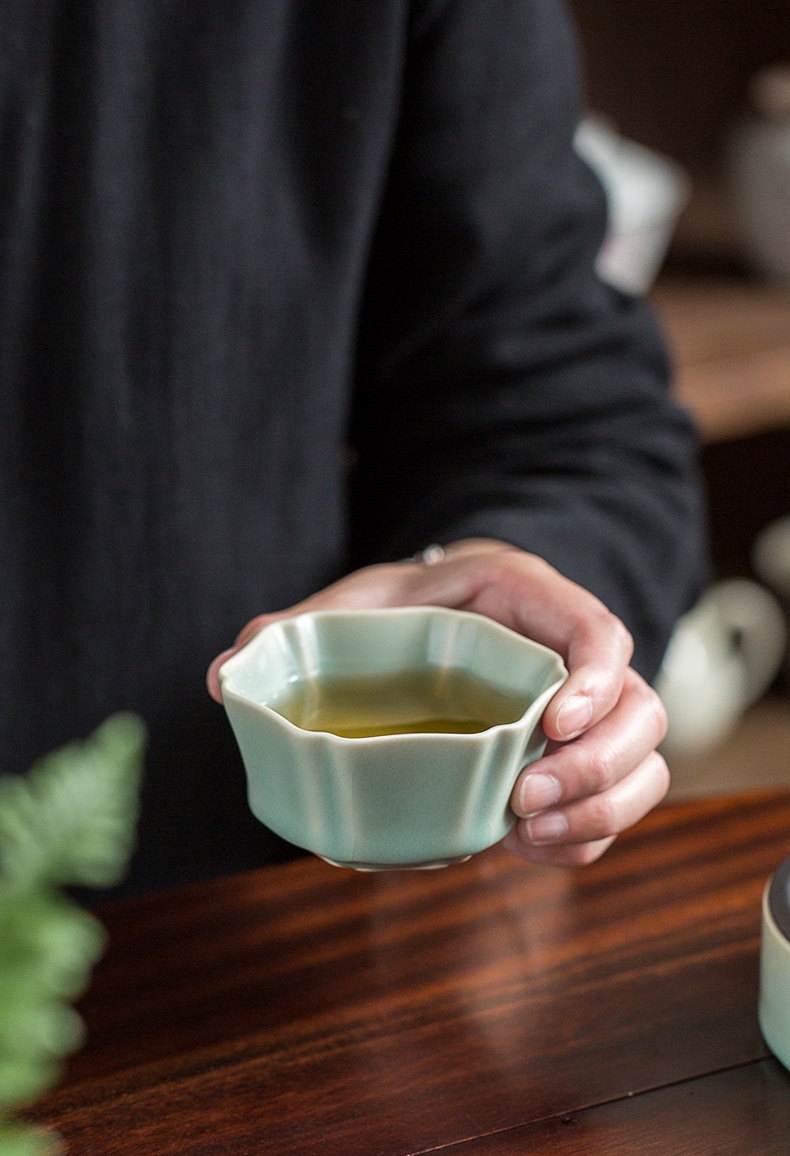 唐舍苏士林汝官窑六方杯高档汝瓷礼品茶杯开片可养品茗杯陶瓷主人杯汝