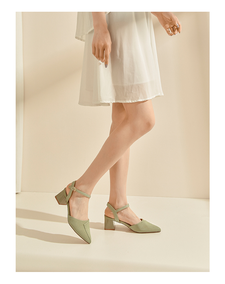 大东/西颂夏季新款优雅潮流中跟粗跟简约包头后空凉鞋女鞋 松叶绿 39