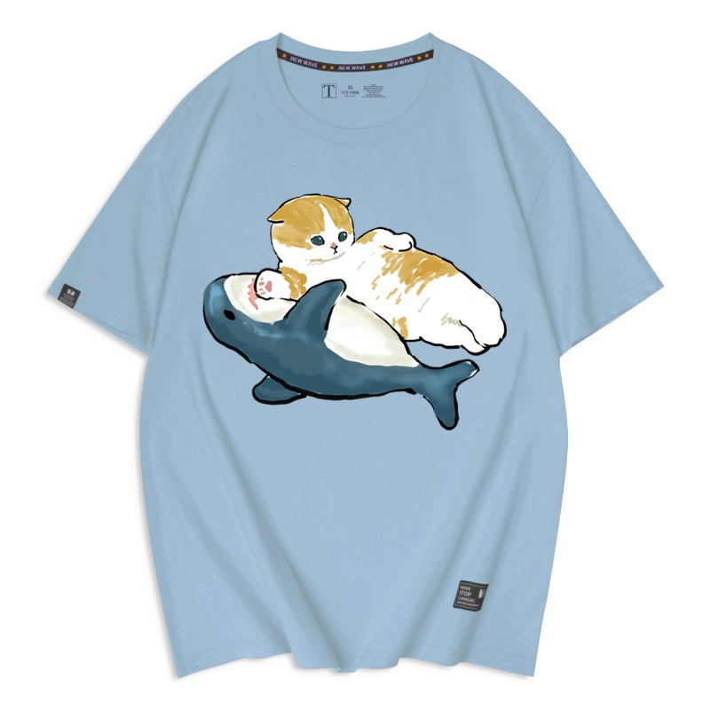 趣味呆萌爱鲨鱼猫咪猫猫图案大码男女学生情侣装季t恤衫 姜黄色17 s