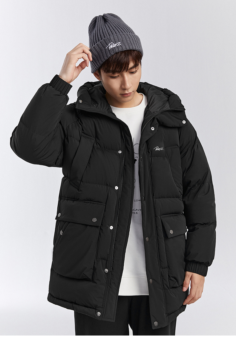 太平鸟男装羽绒服冬季新款连帽刺绣中长款宽松时尚情侣外套潮绿色m