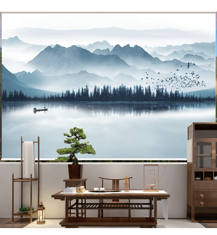 山水画风景窗帘办公山水风景画卷帘窗帘免打孔遮光遮挡卷拉升降客厅
