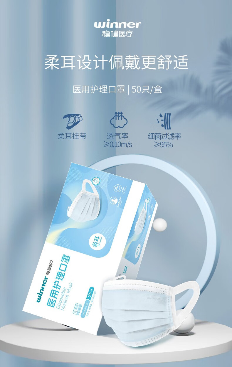 winner稳健一次性医用护理口罩成人口罩柔耳挂耳型宽耳带口罩50只装