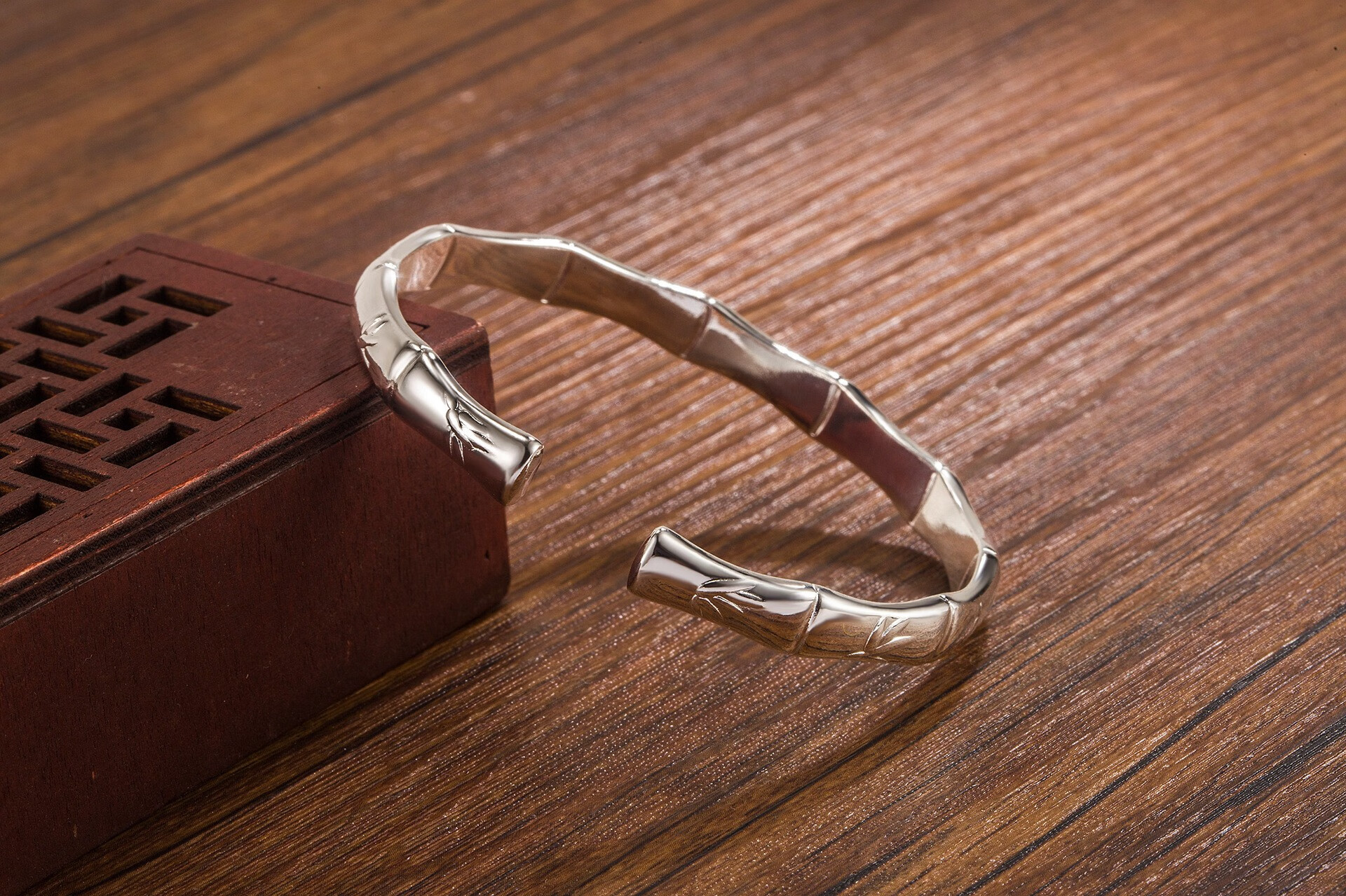 竹报平安开口手镯女款民族风清新竹节竹子镀925银手环银白色