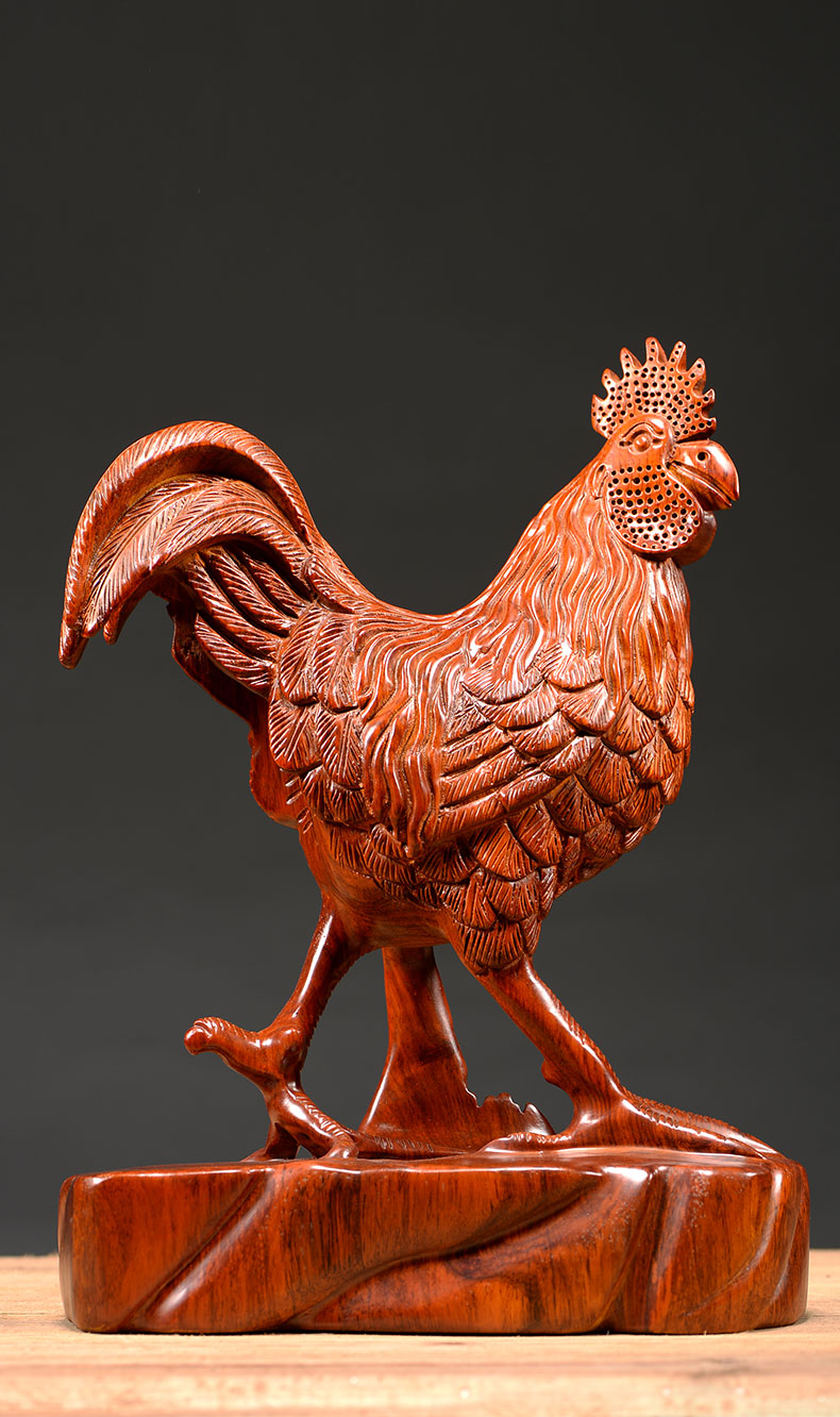 仙莱阁花梨木手工精雕雕刻大公鸡摆件家居动物生肖鸡客厅电视柜装饰