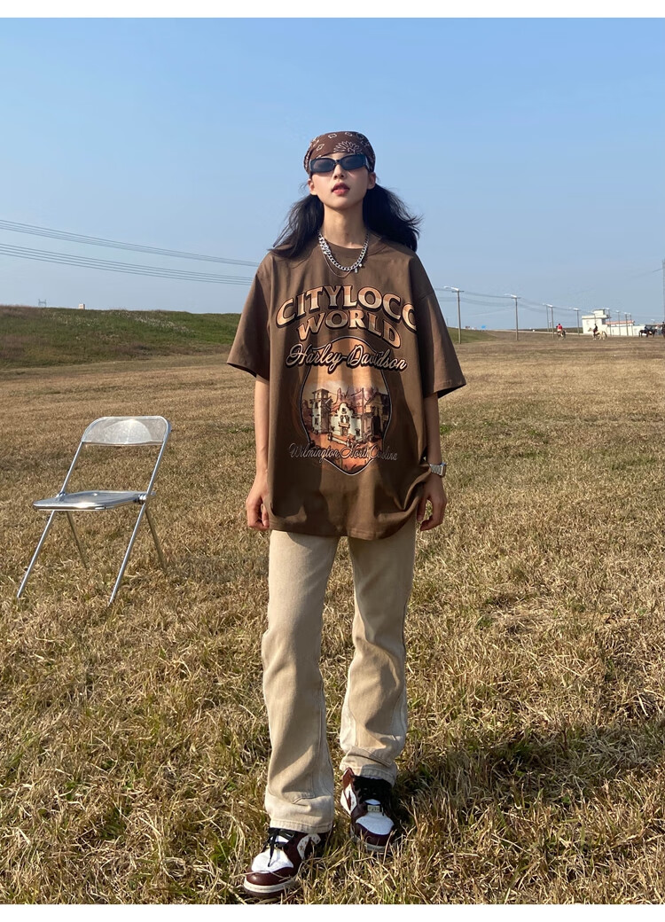 cardsoff美式高街复古趣味字母印花短袖t恤女宽松学生情侣潮牌over