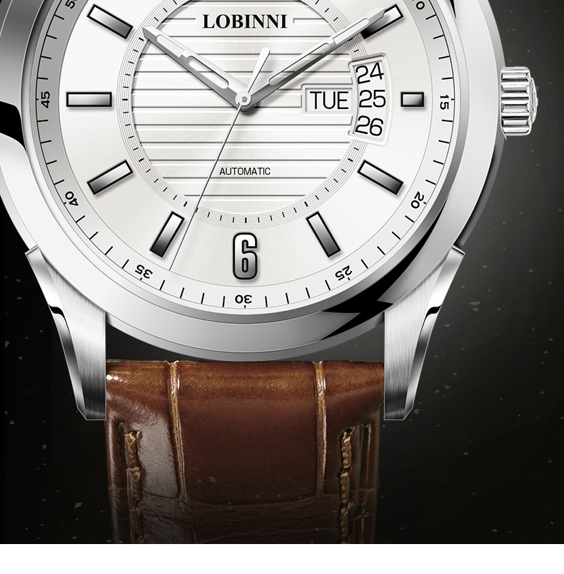 罗宾尼lobinni男士手表全自动机械表银壳黑面钢带