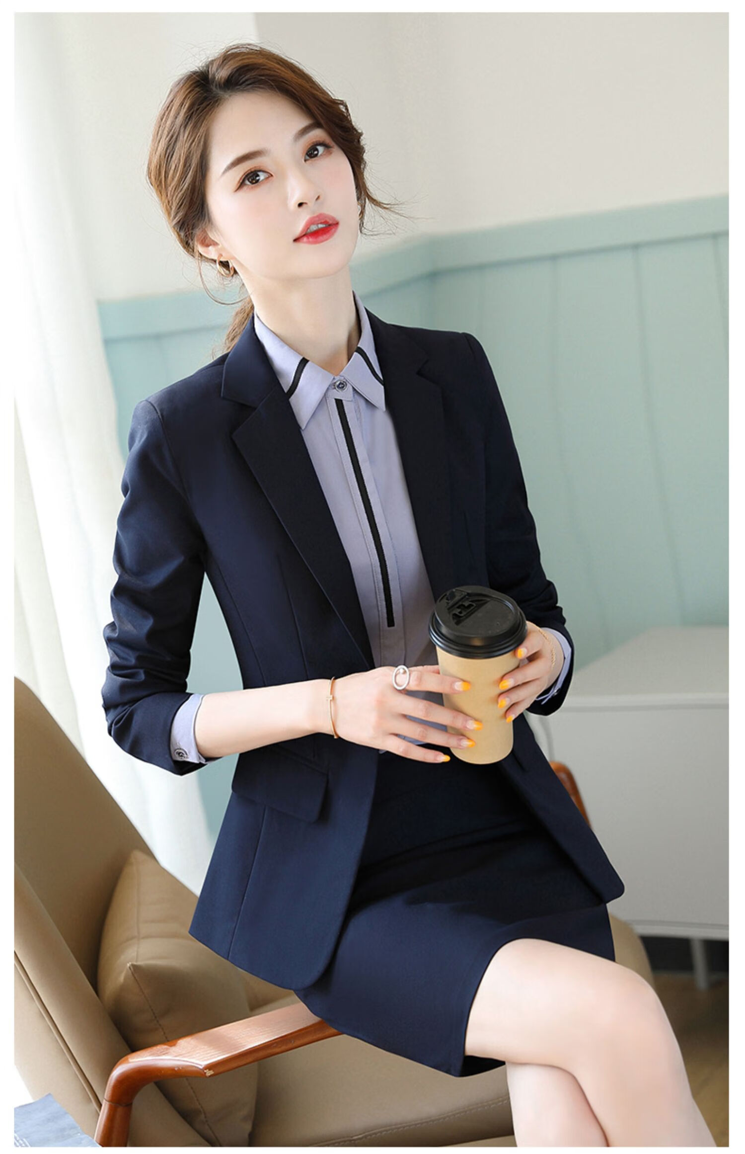 工装职业西服外套面试工作艺 深蓝西装 黑裤子 8781长袖蓝衬衫 黑短裙