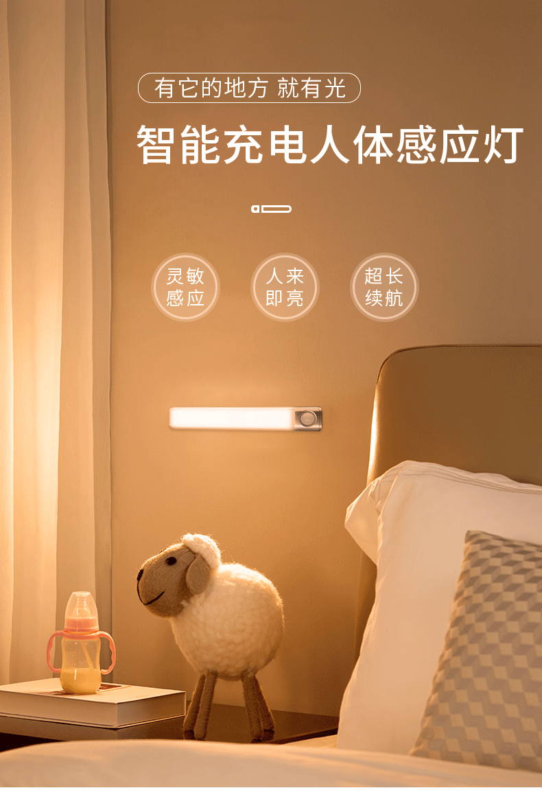 sparkade智能人体感应灯usb充电磁吸卧室床头家用过道墙壁衣柜灯三色