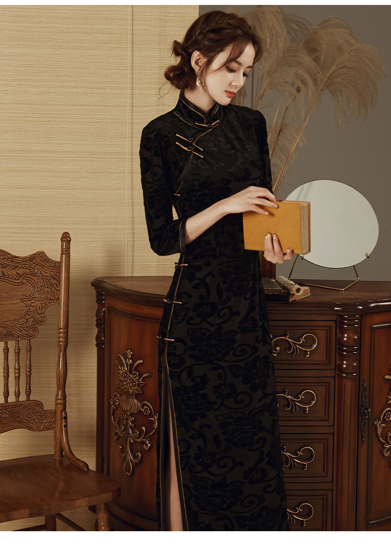皮尔卡丹轻奢高档女装黑色金丝绒旗袍2021年新款长款改良秋款秋冬长袖