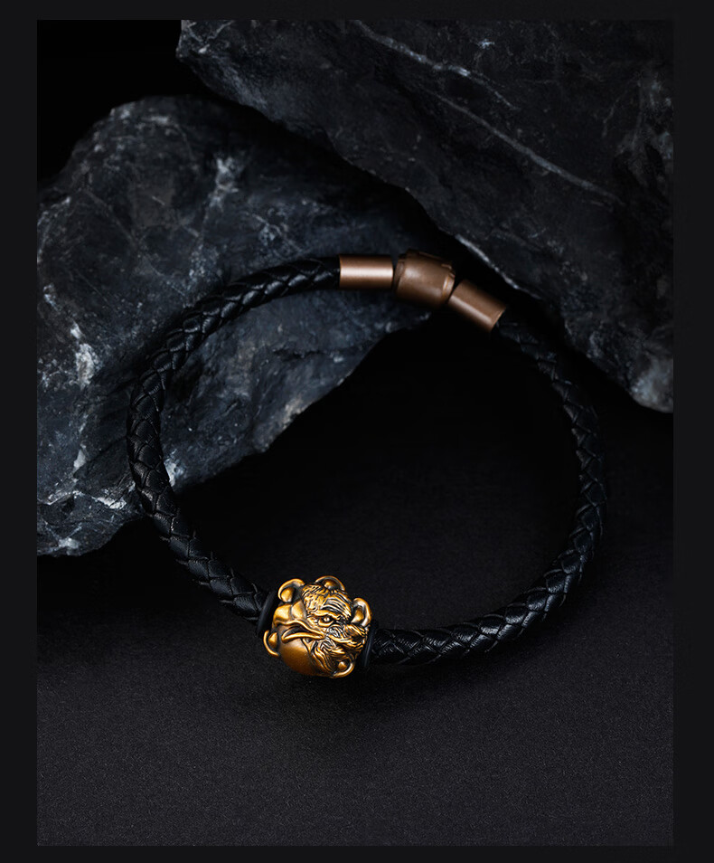 金至尊圣诞节礼物黄金转运珠男款老鹰电黑金潮男足金手绳黑色皮绳定价