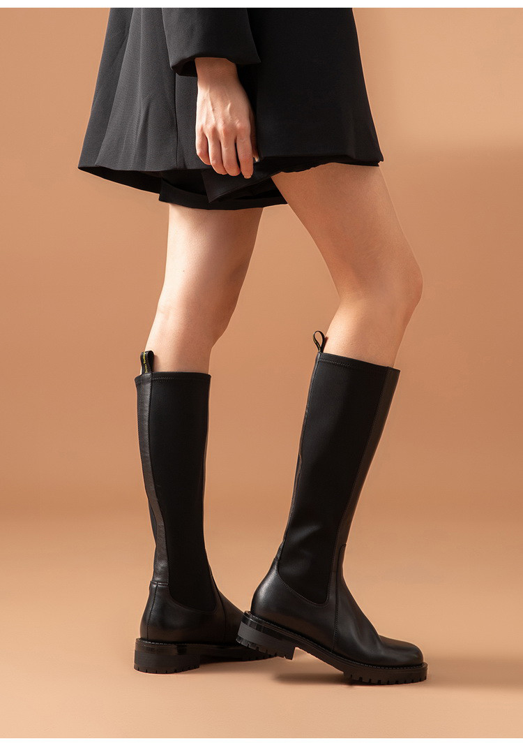 beautoday高筒靴女秋冬英伦靴子女长靴瘦瘦靴粗跟弹力靴女士长筒靴女