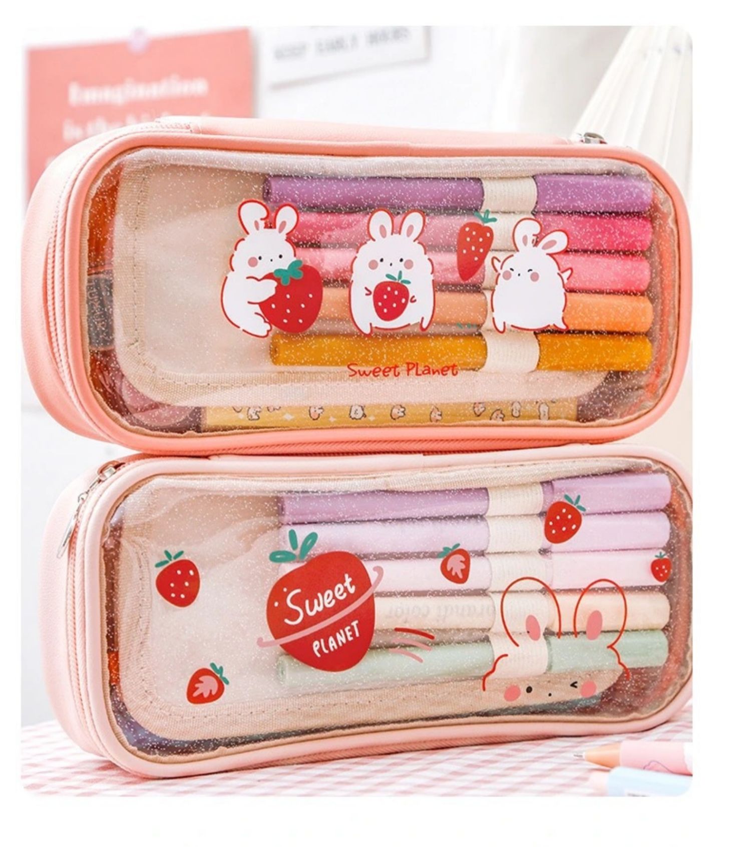 金万年大容量笔袋透明小学生双层文具袋ins日系初中网红儿童铅笔袋