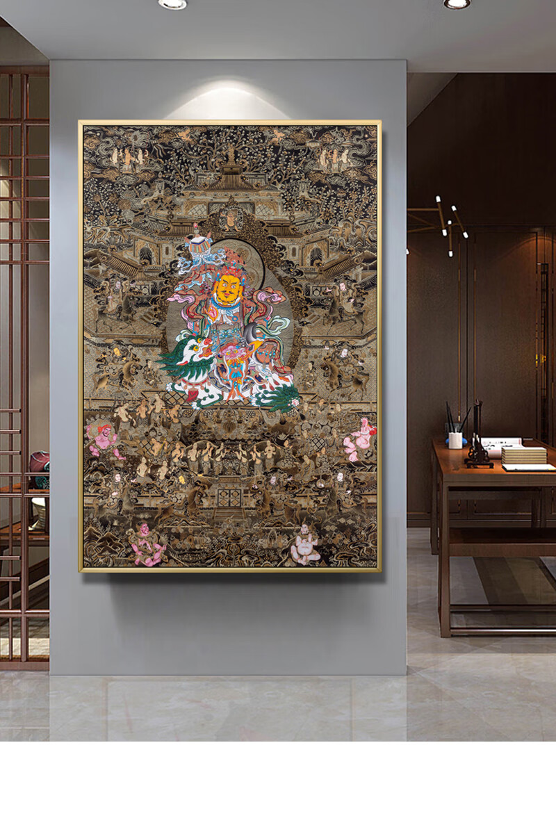 新品轻奢高端黑唐卡装饰画财神财宝天王办公室画客厅藏式入户挂画文殊