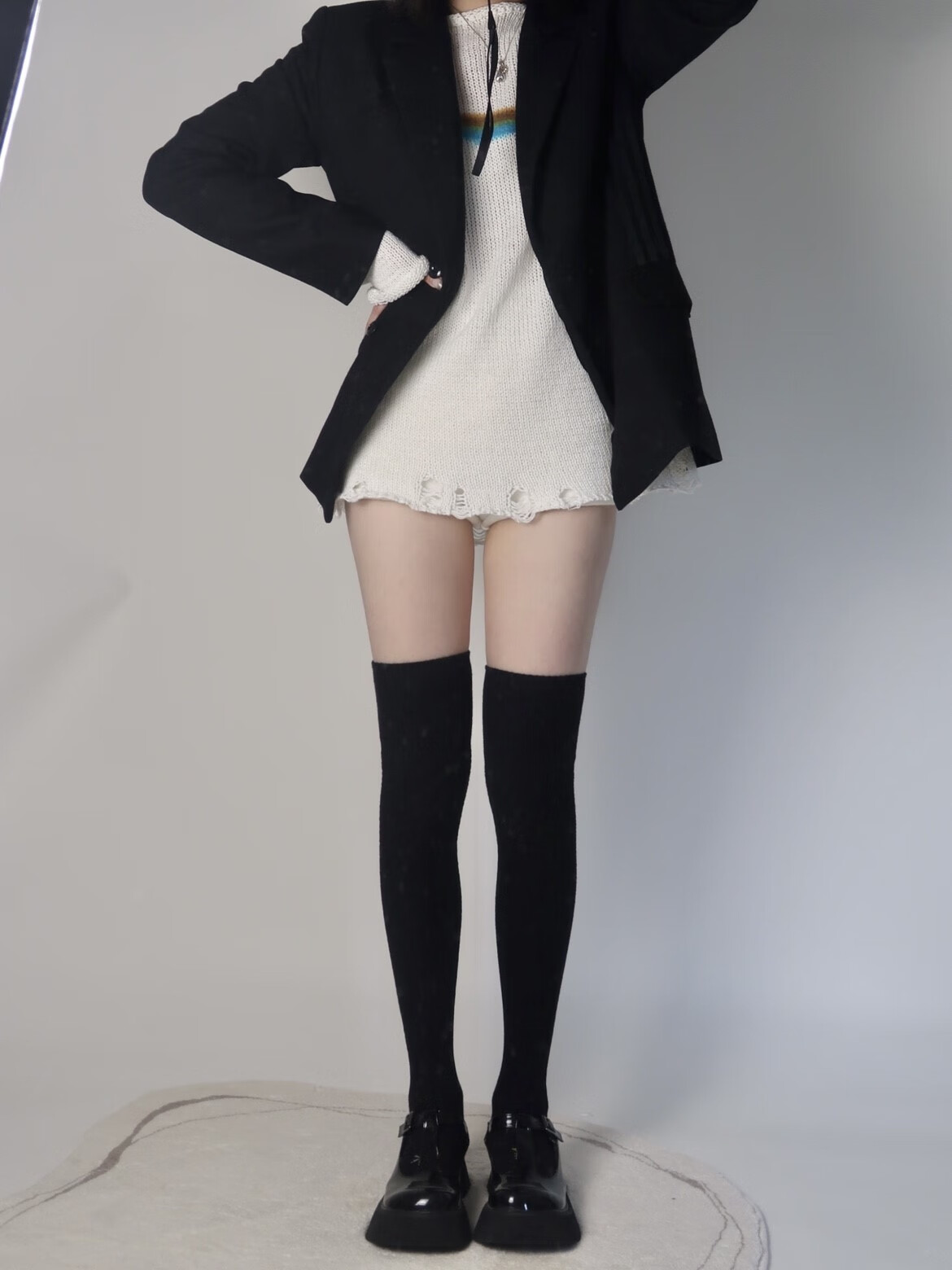 过膝袜女秋冬白色长筒袜保暖高筒袜米色大腿袜子配靴袜咖 白色 均码