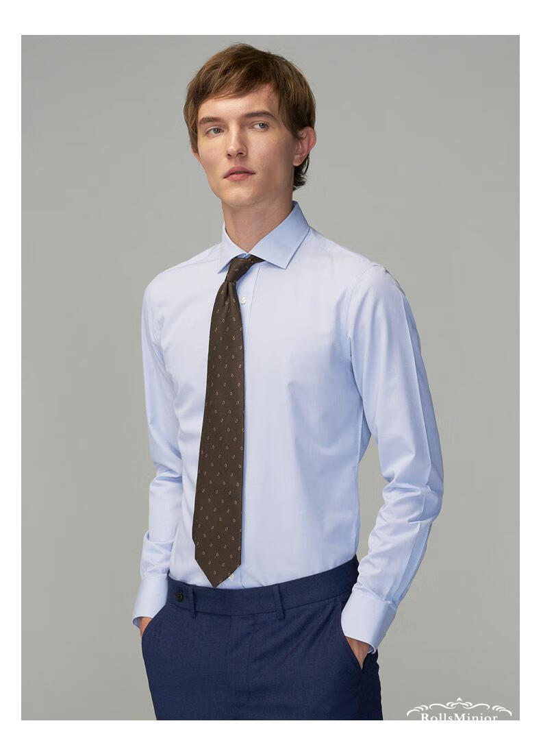 劳斯名爵品牌男装长袖衬衫男尖领暗扣领商务休闲修身抗皱透气男士条纹