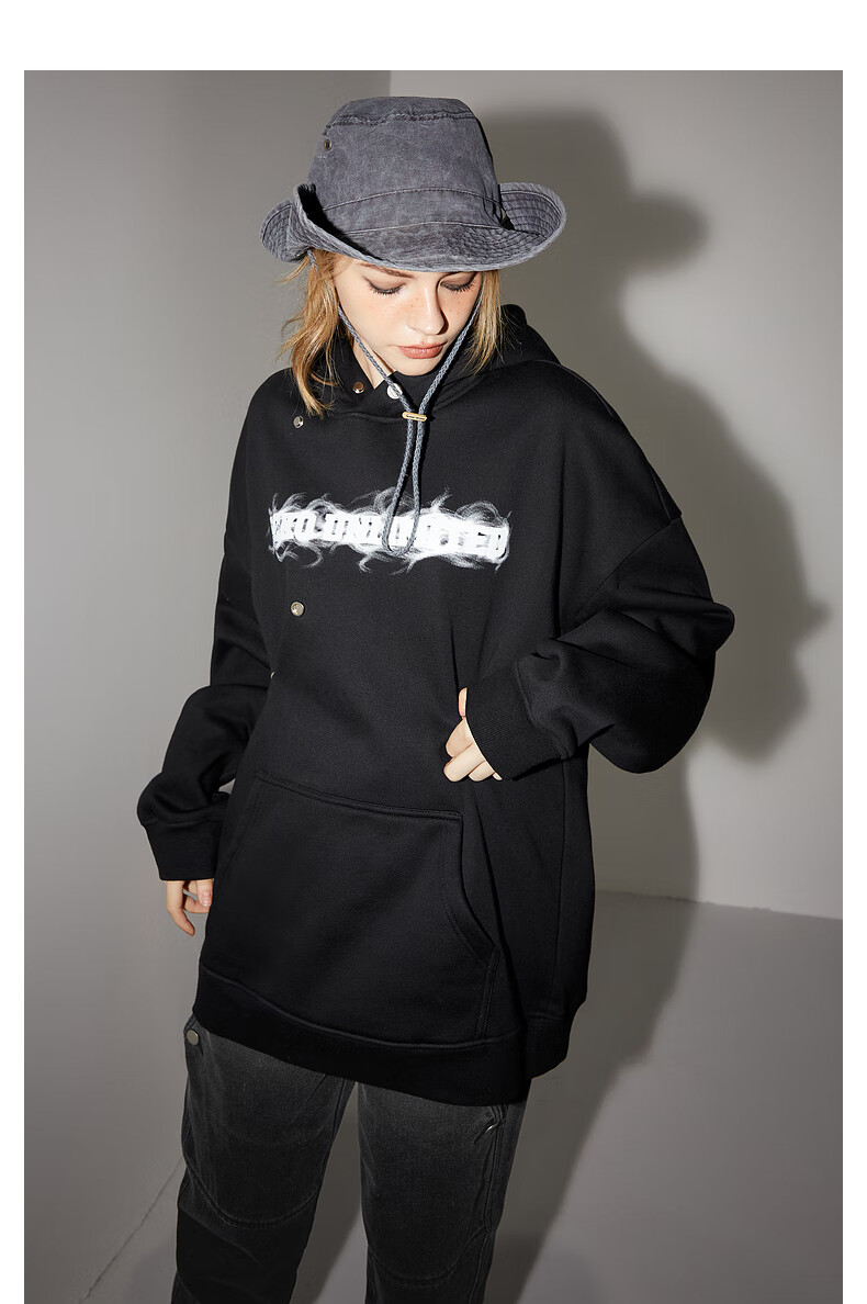 ecko犀牛潮牌2022冬季新款复古金属按扣字母烟雾印花加绒连帽卫衣男女