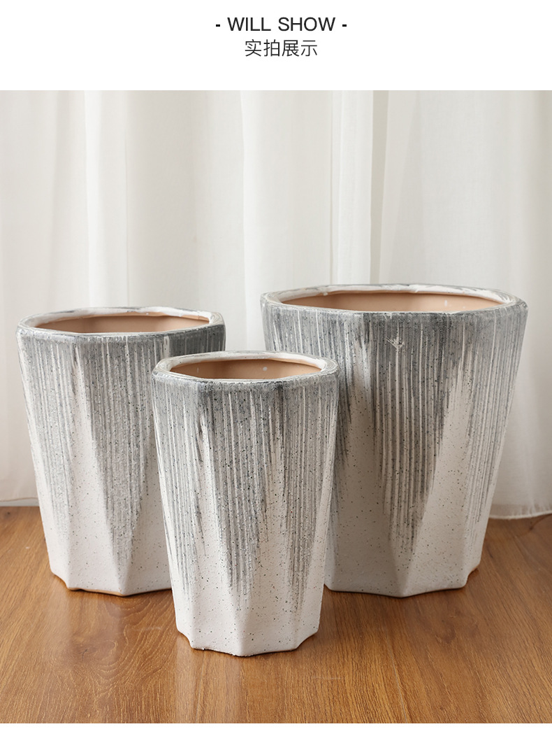 一花一宅北欧风花盆陶瓷高款多边形八角盆简约现代大型绿植盆634白