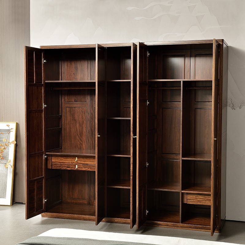 果真新中式乌金木实木衣柜家用卧室储物柜简约衣橱金玉满堂系列三门