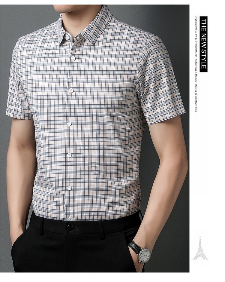 鹿王马丁男士清爽条纹衬衫夏季商务免烫格子短袖衬衣男抖音同款橦华