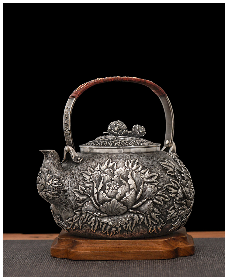 银器时代牡丹傲春银烧水壶足银999纯手工一张打家用大号煮茶银壶940克