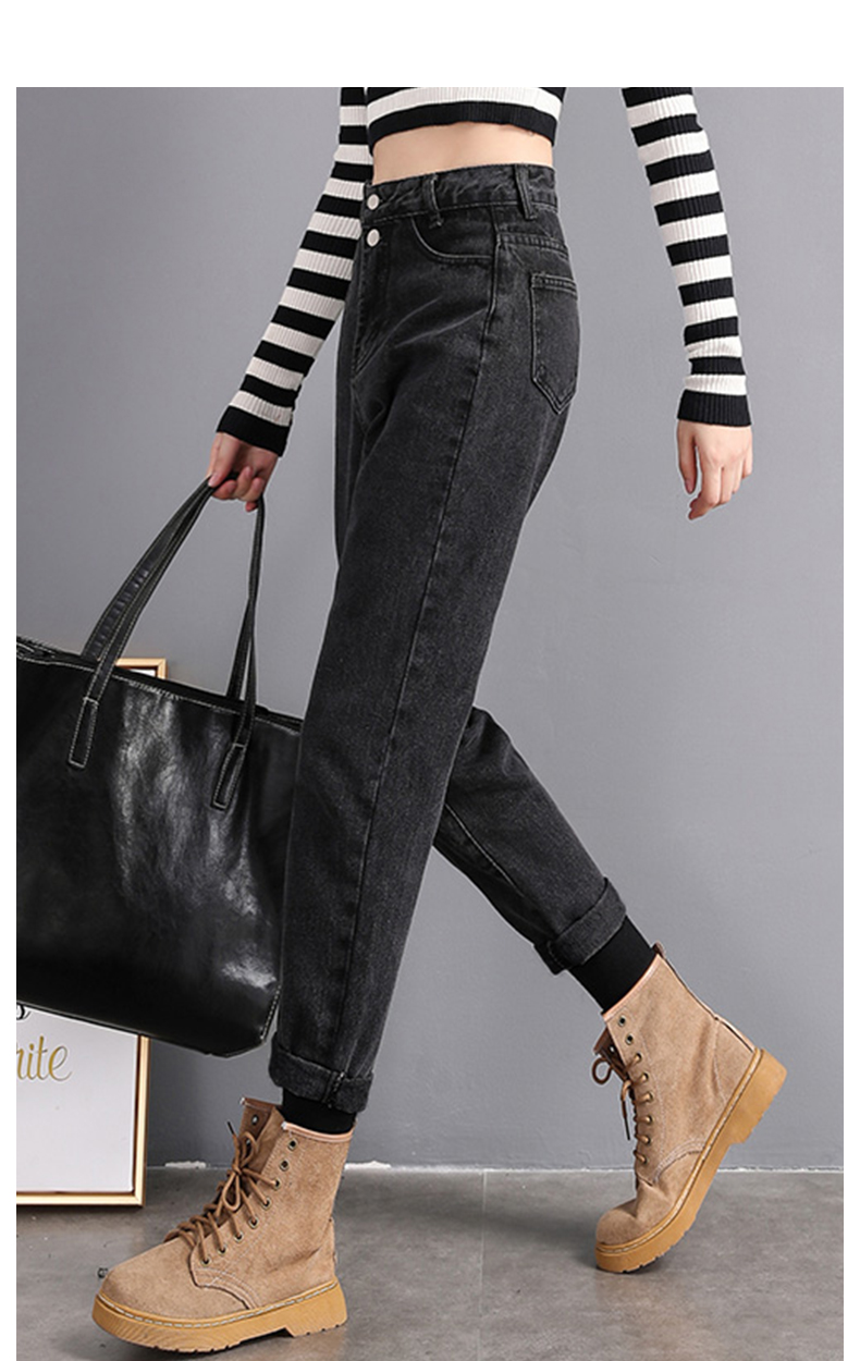 真维斯jeanswest冬季加绒牛仔裤女简约高腰双排扣休闲宽松显瘦萝卜