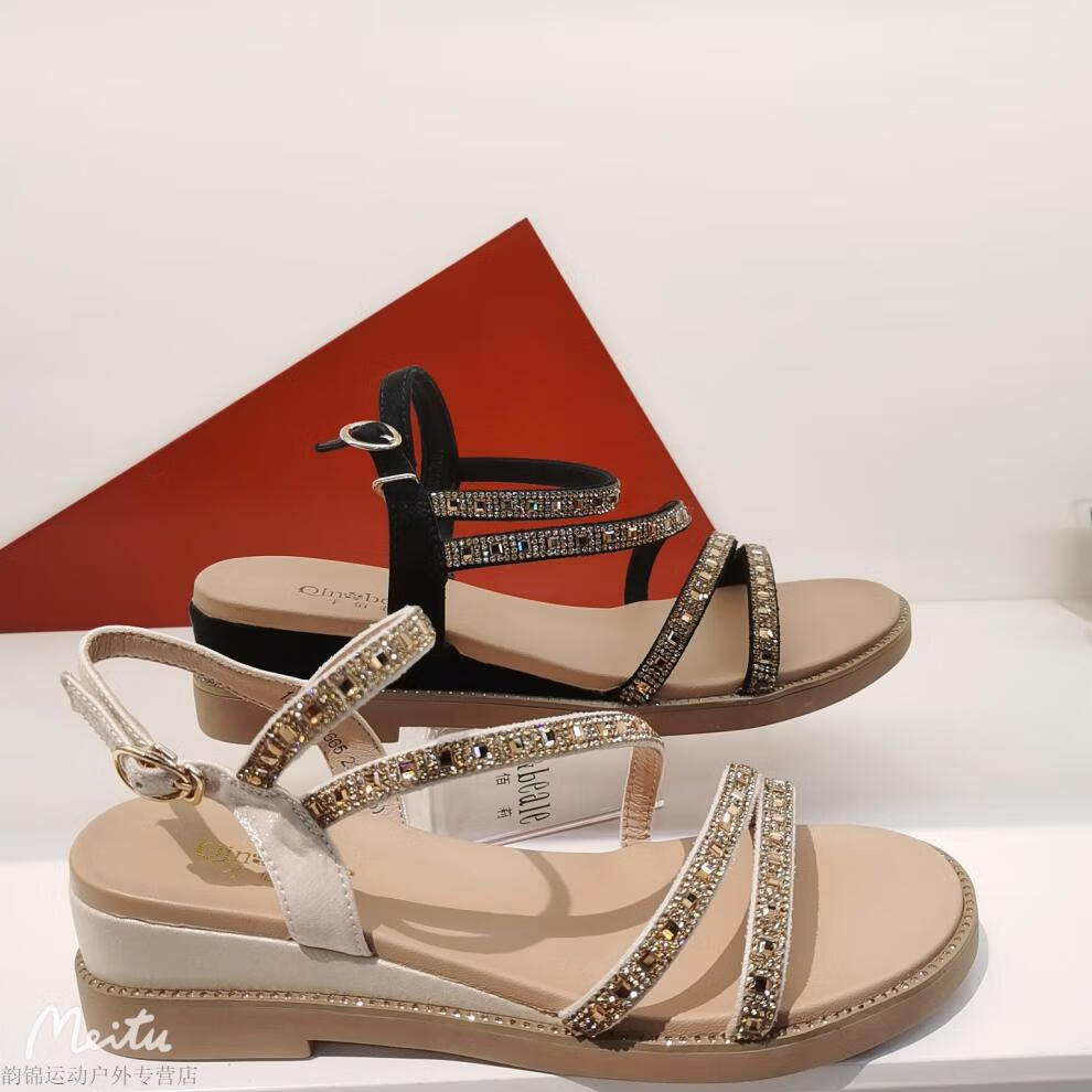 千百莉女鞋千佰莉新款夏季凉鞋闪亮设计款平底2022女鞋通勤可爱舒适