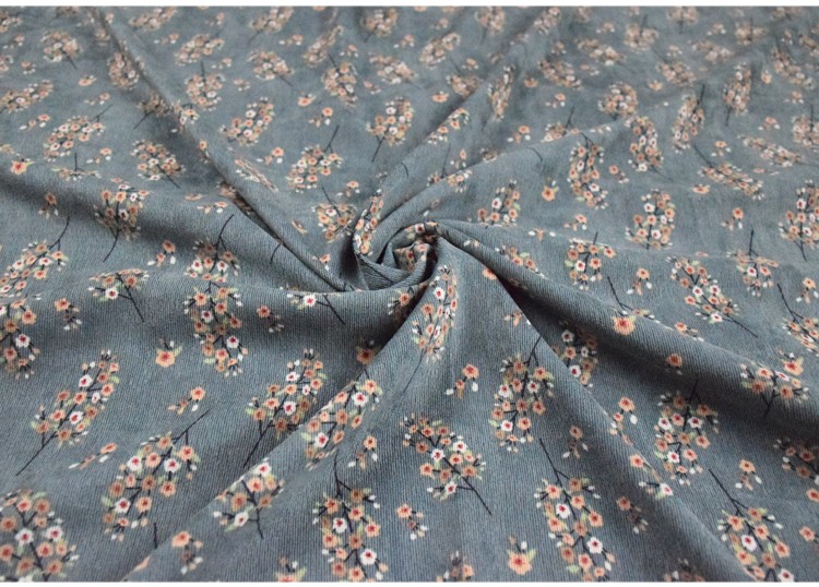 宫墙红古典印花灯芯绒面料旗袍裙裤子女童装布料青灰色半米价门幅15米