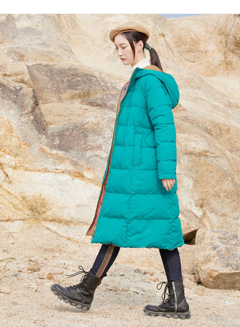 谜底2021冬新款正反两穿h型连帽净色印花中长款羽绒服女217my6225黑色