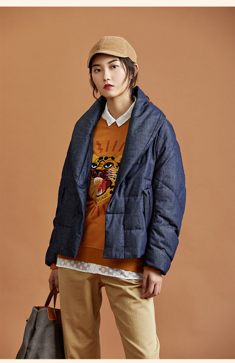 渔牌装羽绒服女2021年新款女冬季牛仔大翻领短款羽绒外套牛仔蓝16080a