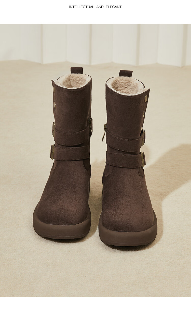 DAPHNE Women's Fleece-Lined Snow Boots New Winter Warmth Cold-Resistant Student Thick-Soled Mid-Calf Height-Increasing Cotton Boots Coffee Color Size 37 5