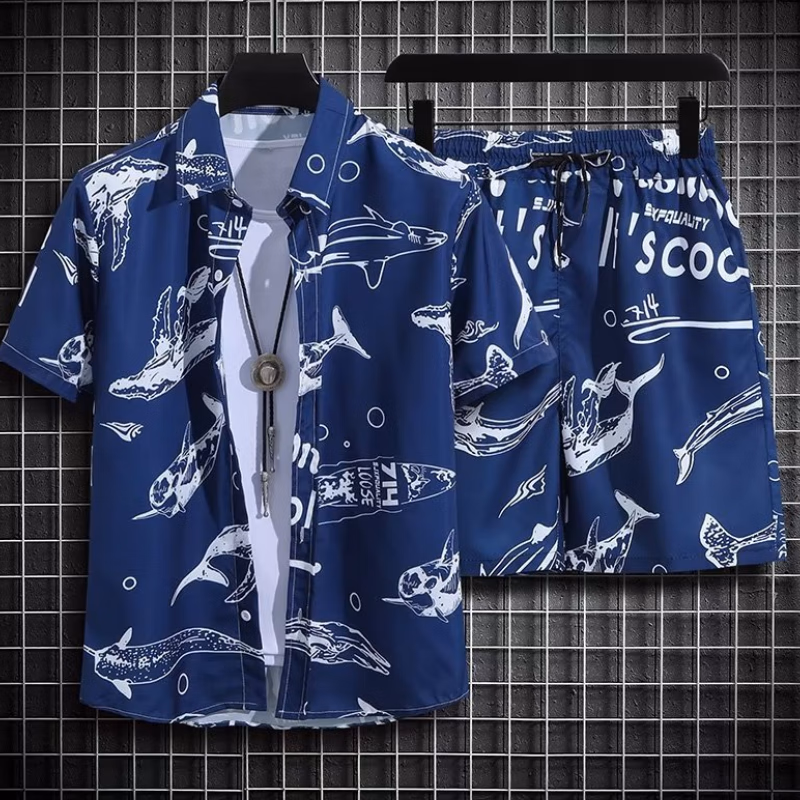 Casual Printed Shirt Men's Summer Beach Shorts Short-sleeved Two-piece Suit Loose Trend Handsome Hawaiian Vacation Shirt Men_viptrois.com