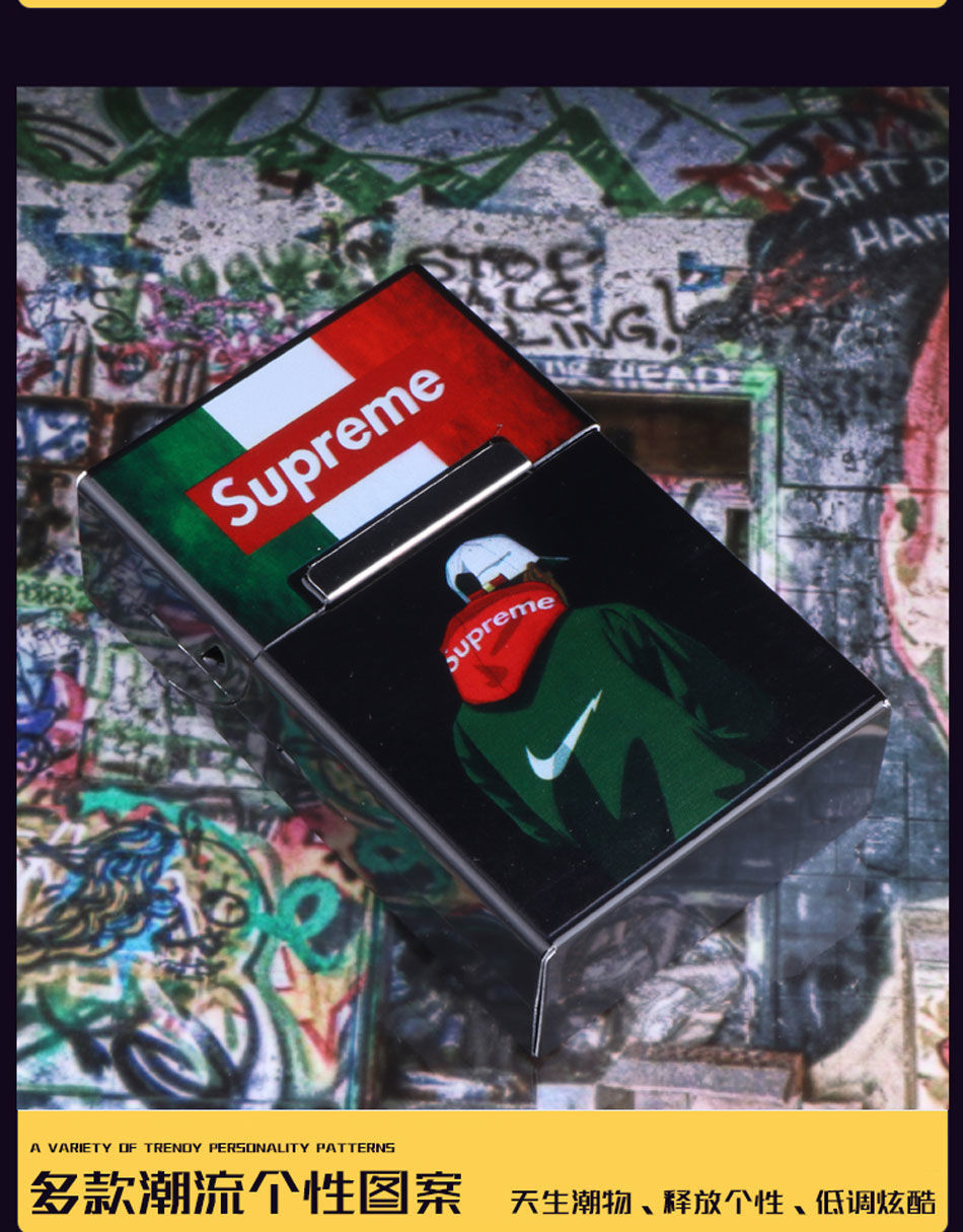 supreme烟盒打火机20支装铝合金便携创意金属壳男士盒潮盒黑色daftsup