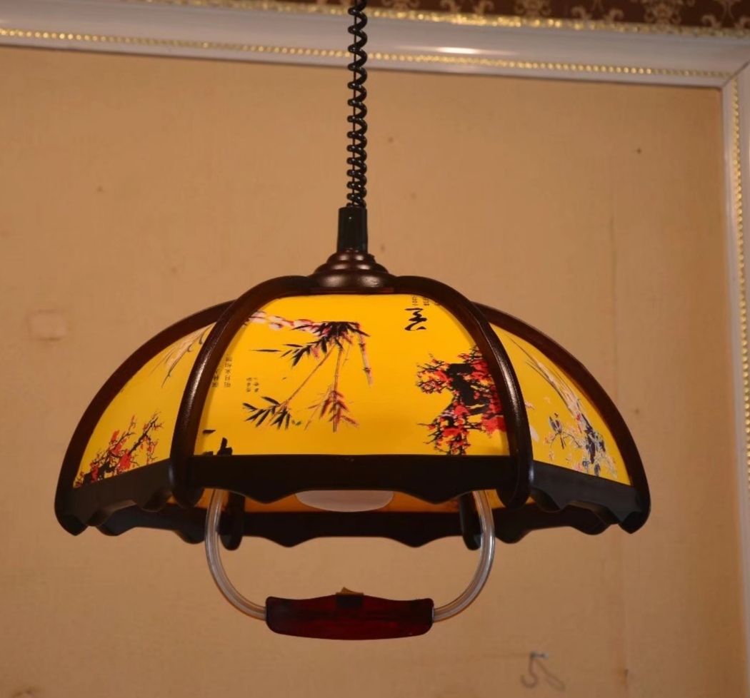 升降麻将灯伸缩吊灯餐厅带开关拉伸吊灯茶楼复古羊皮灯仿木质吊灯带